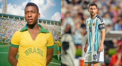 Pelé à esquerda, Messi à direita