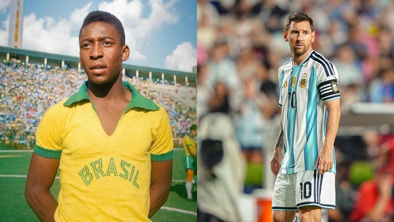 Pelé à esquerda, Messi à direita