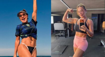 Montagem de duas fotos da cantora Scheila Carvalho. Ela mostra o abdômen e os braços bem definidos.