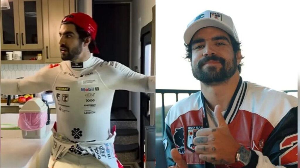 Montagem de duas fotos de Caio Castro com roupa de piloto.