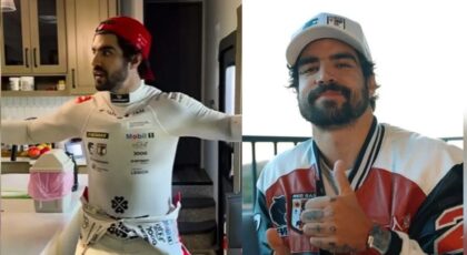 Montagem de duas fotos de Caio Castro com roupa de piloto.