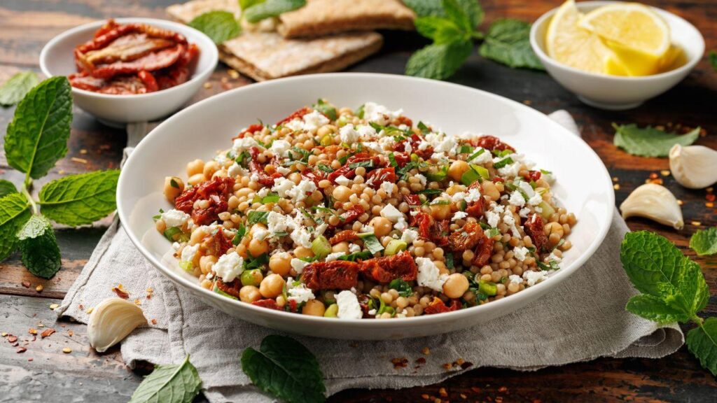 Imagem de uma salada de grão de bico com queijo branco