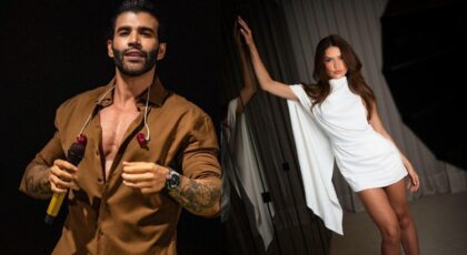 Duas fotos. Em cada uma mostrando Gusttavo Lima e Juliette.