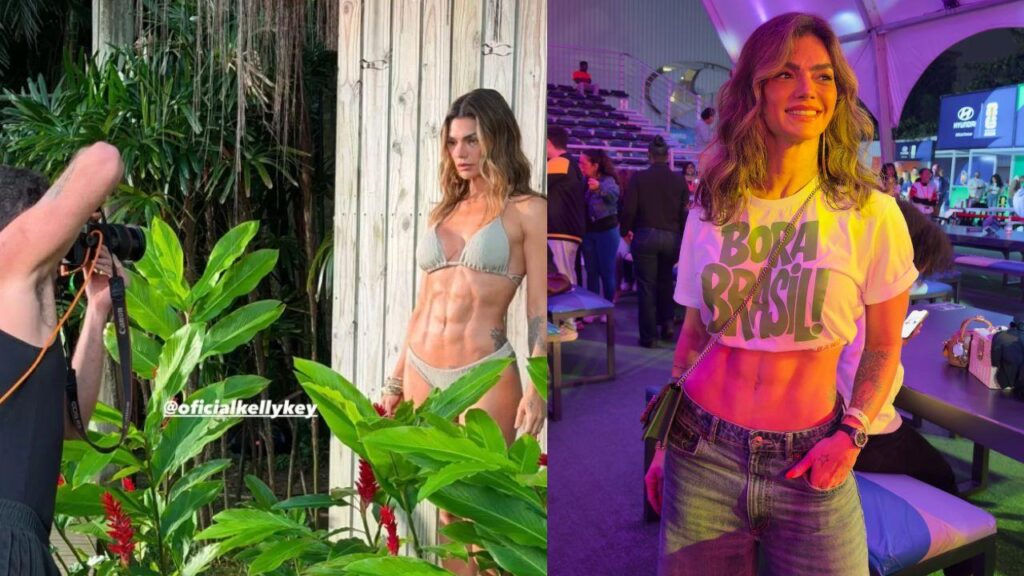 Duas fotos mostrando Kelly Key com a barriga de fora.