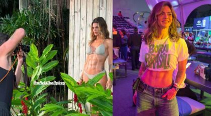 Duas fotos mostrando Kelly Key com a barriga de fora.