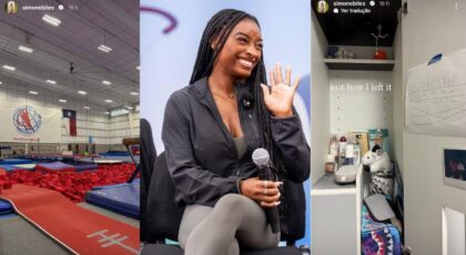 Montagem de três fotos. Stories da Simone Biles mostrando o centro de treinamento e depois ela mesma sentada com microfone.