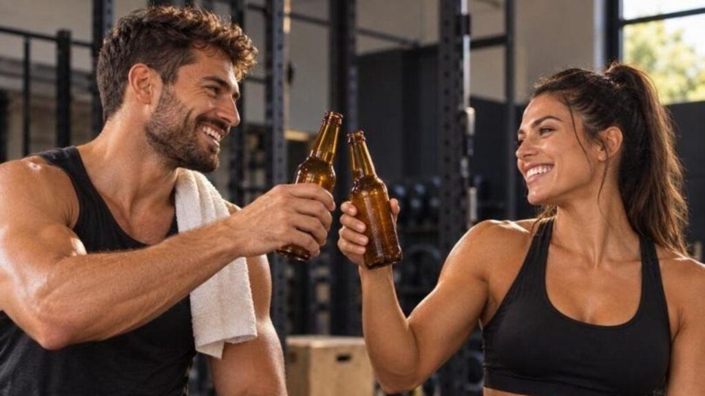 Imagem de um homem e uma mulher brindando com garrafas de cerveja após o treino