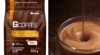 Montagem de duas fotos com um pacote da GCoffee, e do outro uma xícara de café.