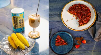 Duas fotos em montagem mostrando um copo de shake e outra foto mostrando uma torta de chocolate e morango.